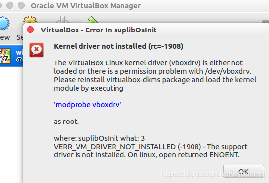 解决VirtualBox 报modprobe vboxdrv错误，无法启动问题
